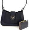 Chrisbella Textured Leather Handbag with detachable Strap and mini Wallet. Colour: Black. dimensions:28x 8X17cm